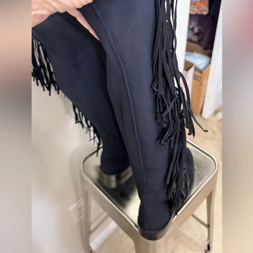 Lavorazione Artigiana Made in Italy Black Suede Over the Knee Fringe Boots 8